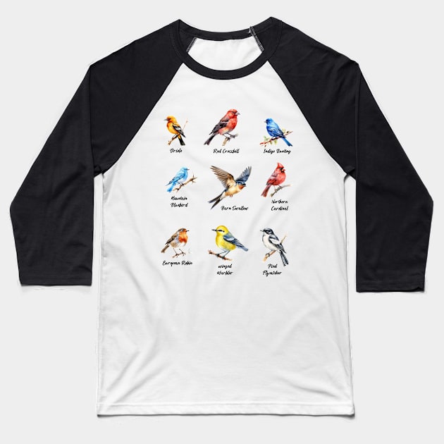 Garden Birds Oriole-Red Crossbill-Indigo Bunting-Mountain BlueBird-Barn Swallow Baseball T-Shirt by DavidBriotArt